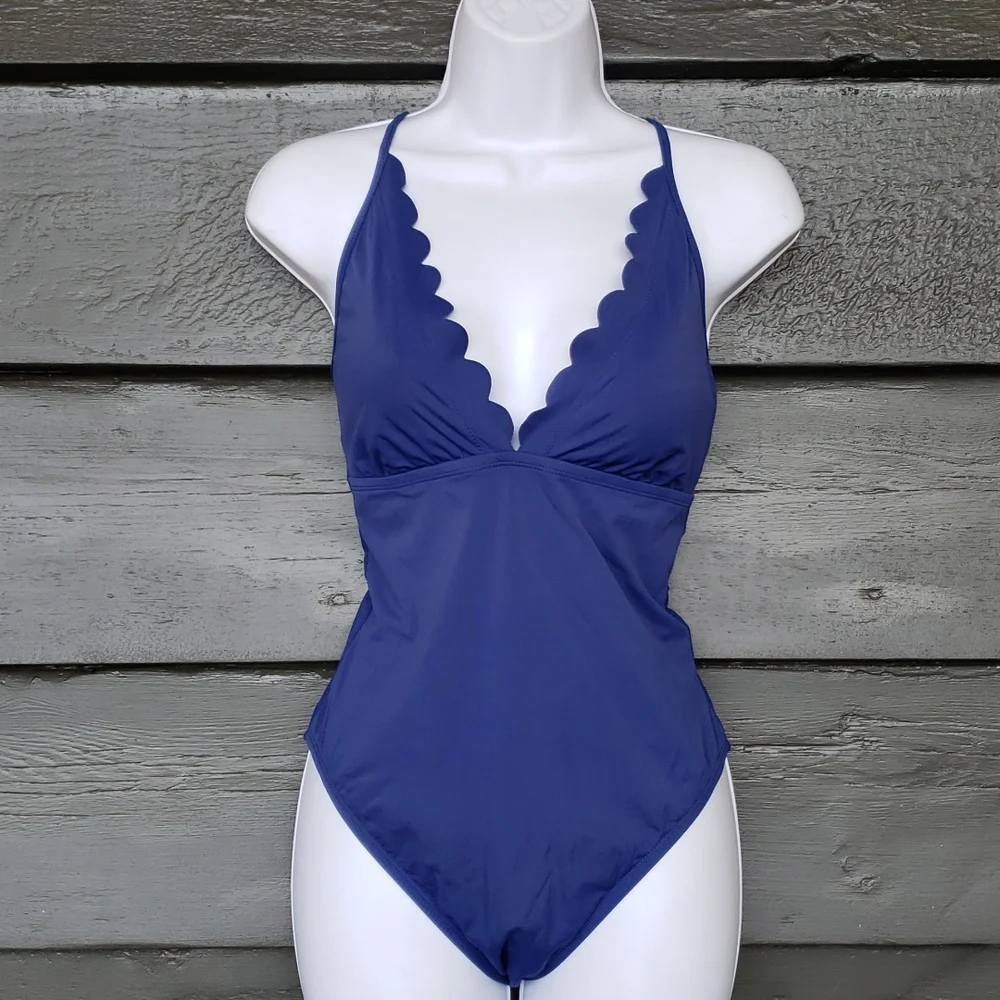 LA BLANCA Womens Blue Petal Pusher Tummy Control Scalloped One-Piece Swimsuit 8 - Picture 3 of 10